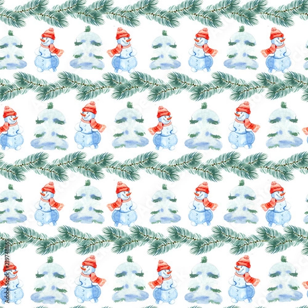 Fototapeta New Year seamless patterns, painted in hand-made water-colors, New Year's attributes and toys, New Year's atmosphere of fun, suitable for printing, truly seamless, of high quality, drawn in a realisti