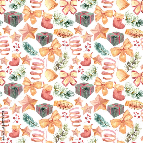 Fototapeta New Year seamless patterns, painted in hand-made water-colors, New Year's attributes and toys, New Year's atmosphere of fun, suitable for printing, truly seamless, of high quality, drawn in a realisti