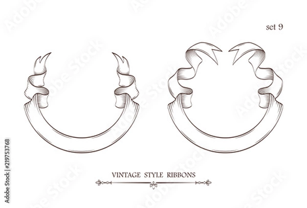 Fototapeta Set of vintage hand drawn ribbons. Collection of retro labels, banners and logo elements. Logotype design. Vector illustration.
