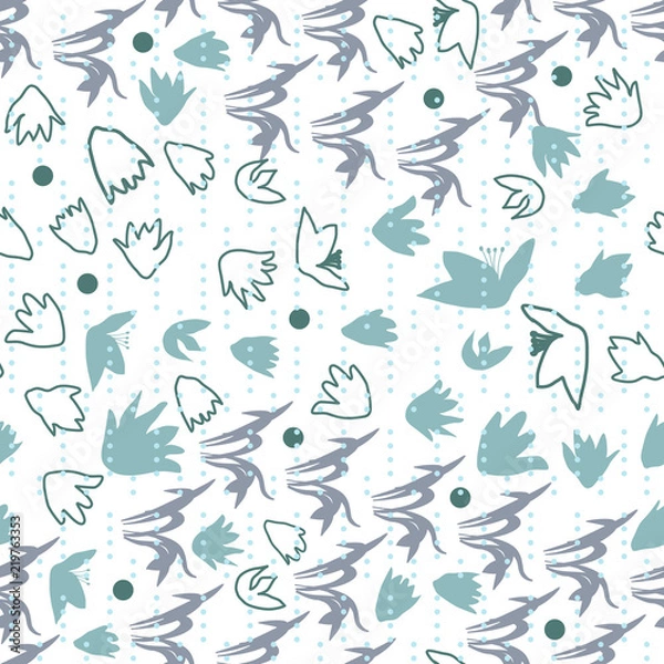 Obraz Vector floral seamless pattern with hand drawn scilla or snowdrop flowers and leaves. Modern decorative background in pastel colors.