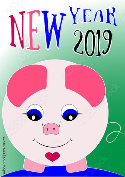 Fototapeta New Year 2019, the year of the pig 2019, greeting card. illustration,