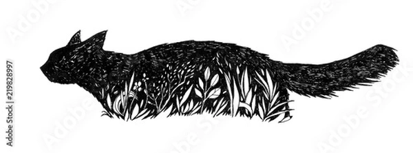 Fototapeta Czarny kot w trawie. Graficzna ilustracja kotów. Ręcznie rysowane tuszem. Projekt animalistyczny. Może być używany jako logo, tło, wydruki, tapeta na pulpit itp.