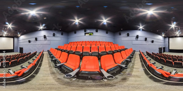 Obraz Moscow-2018: 3D spherical panorama with 360 degree viewing angle of empty cinema hall interior with red color seats and screen. Ready for virtual reality in vr. Full equirectangular projection