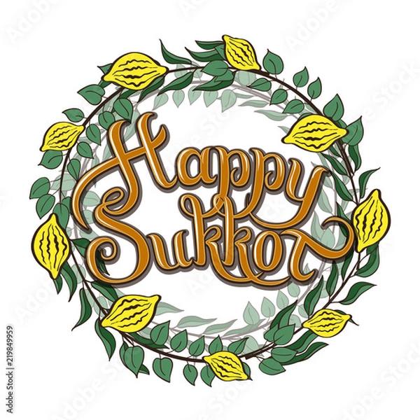 Fototapeta Happy Sukkot Jewish Holiday greeting card. Frame with holiday symbols Etrog, lulav hadas and arava. Vector illustration. Isolated on white background.
