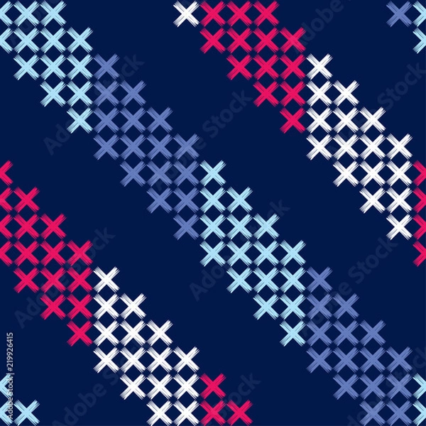 Obraz Seamless abstract geometric pattern. Cross-stitch. Mosaic texture. Brushwork. Hand hatching. Scribble texture. Textile rapport.
