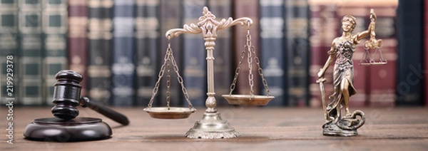 Fototapeta Lady Justice, Scales of Justice and Judge Gavel on a  wooden background.