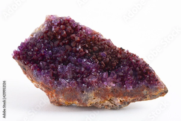 Fototapeta Crystal Stone macro mineral, purple rough amethyst quartz crystals on white background