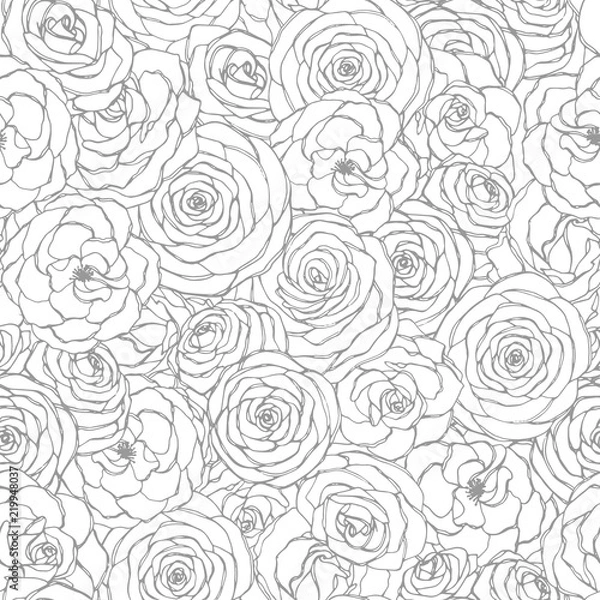 Fototapeta Vector seamless pattern with rose flowers line art on the white background. Hand drawn floral repeat ornament of blossoms in sketch style. Usable for coloring books.