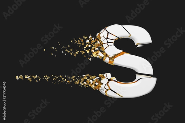 Fototapeta Broken shattered alphabet letter S uppercase. Crushed white and gold font. 3D render isolated on grey background.