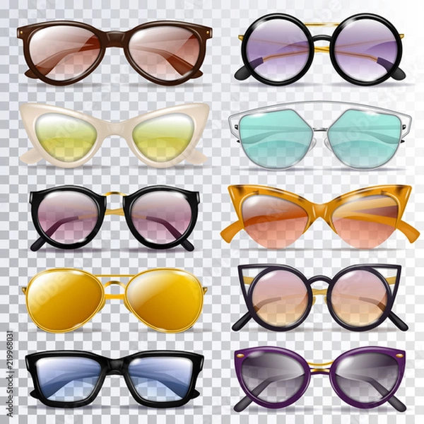 Fototapeta Glasses vector cartoon eyeglasses or sunglasses in stylish shapes for party and fashion optical spectacles set of eyesight view accessories illustration isolated on transparent background