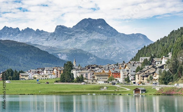 Fototapeta village and lake of Silvaplana in the upper Engadin near St.Moritz with Piz Lunghin in the background