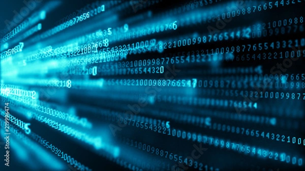 Fototapeta Data technology background. Big data visualization. Flow of data. Information code. Background in a matrix style. 4k rendering.