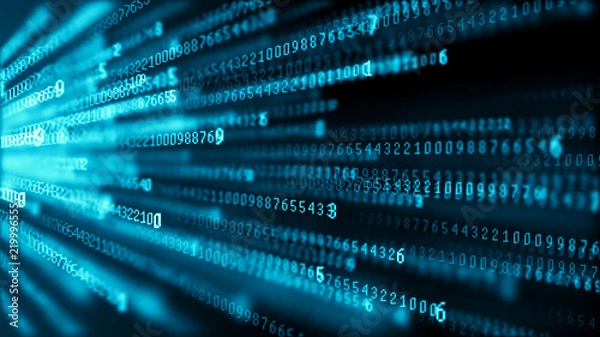 Fototapeta Data technology background. Big data visualization. Flow of data. Information code. Background in a matrix style. 4k rendering.