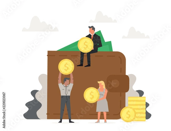 Fototapeta People store and collect money invest. Big wallet with small business men around it. concept of online payments, open purse with coins.