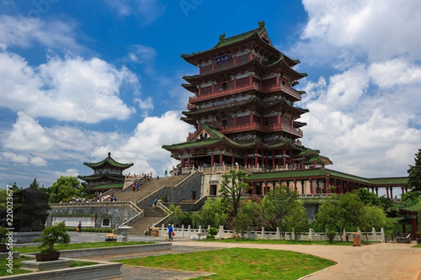 Fototapeta Tengwang pavilion - Red Pavilion of Prince Teng in Nanchang, Jiangxi province China. Incredible exotic design. Song Dynasty style traditional Chinese architecture. Translation: "Tengwang Palace"