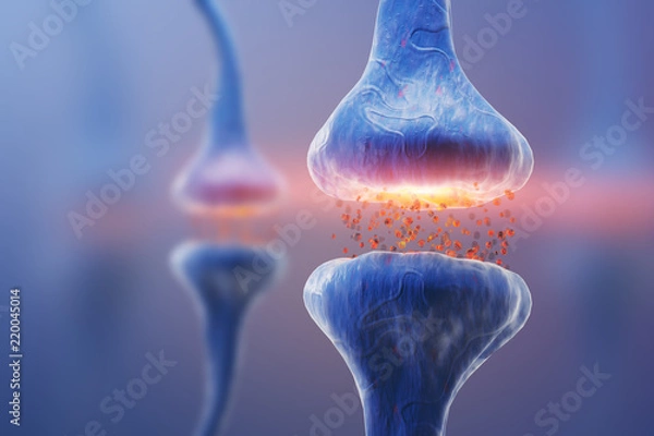Fototapeta Niebieska synapsa i neuron na niebieskim tle. Renderowanie 3d