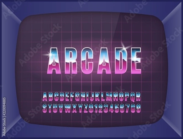 Fototapeta Retro arcade game machine. Screen background and font. Vector illustration.