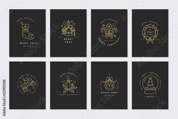 Fototapeta Vector linear design Christmas greetings card on dark background. Typography and icons for Xmas background, banners or posters and other printables .