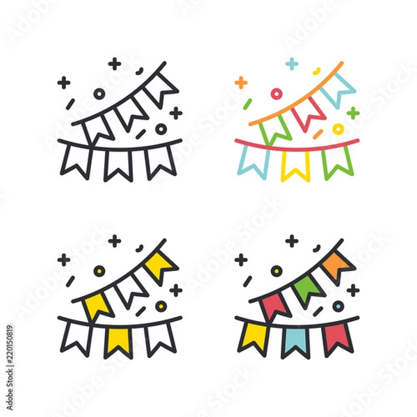 Obraz Festive flags on ropes flat simple line icons set.