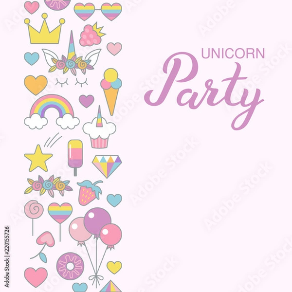 Fototapeta Unicorn Party typographic vector design for greeting, birthday, invitation card, isolated, handwritten lettering composition. Unicorn face with flowers, balloons, rainbow on light pink background.