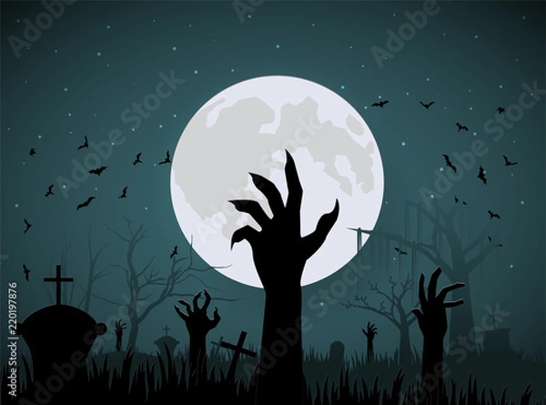 Fototapeta halloween hand zombie from ground on night and big moon