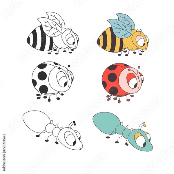 Fototapeta Colorful carton cute bee, pretty ladybug, ant. Vector. Isolated.