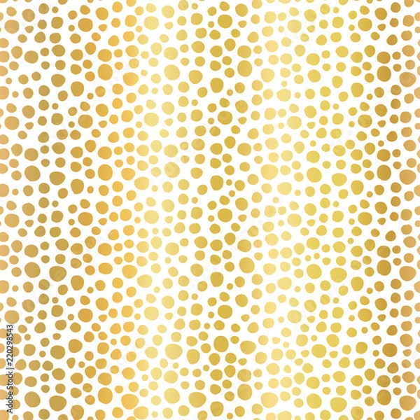 Fototapeta Gold foil Christmas snowflakes seamless vector pattern background. Golden shiny irregular dot shapes on white backdrop. Elegant Christmas design for digital paper, web banner, gift wrap, card, invites