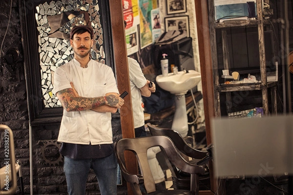 Fototapeta Portrait of hipster barber.