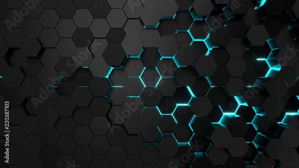 Obraz Technological hexagonal background with blue neon illumination