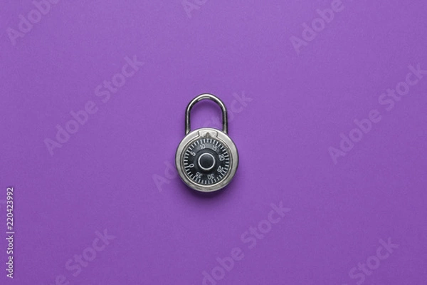 Obraz Dial Metal Combo Lock Front View locked on purple background used