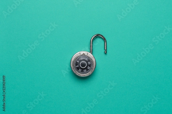 Fototapeta Dial Metal Combo Lock Front View open on green background used