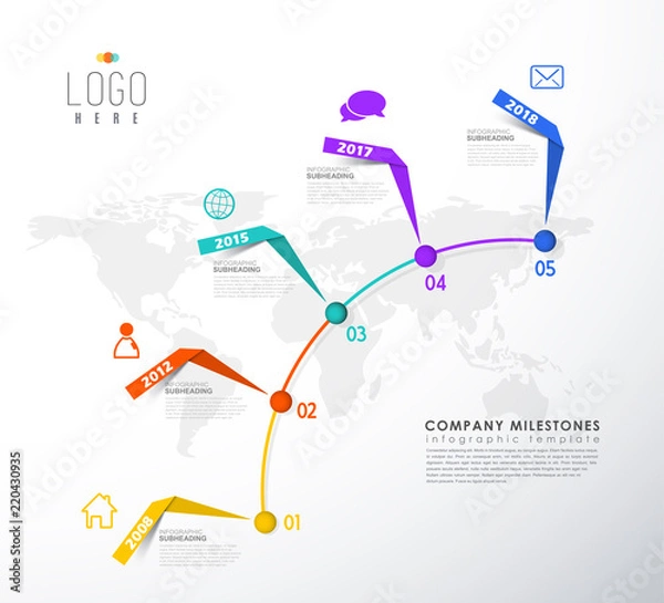 Fototapeta Five colorful vector progress steps illustration with paper stripes, icons, place for your company text with light world map at the background.