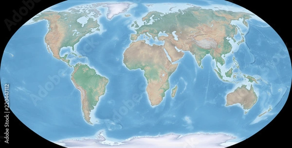 Fototapeta Map of the world in Robinson projection - shaded relief, the map colors gradually blend into one another across regions and from lowlands to highlands - 3D rendering