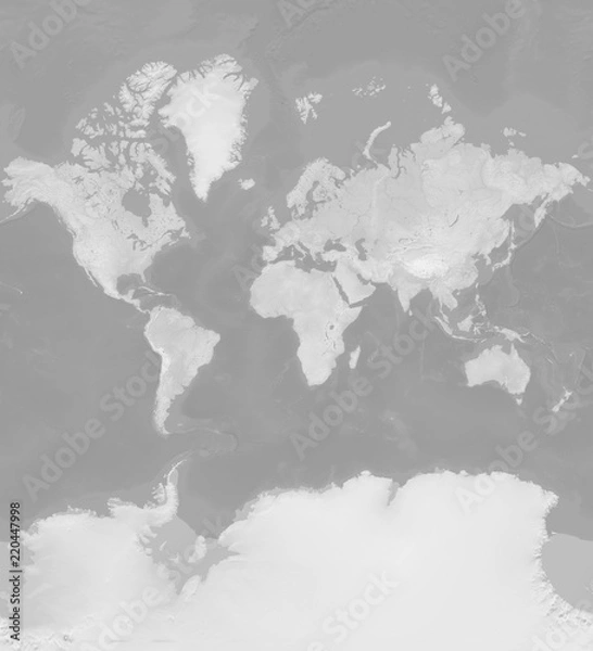 Fototapeta Map of the world in Mercator projection - terrain depicted monochromatically in shades of gray. Gray Earth with Shaded Relief, Hypsography, Ocean Bottom, and Drainages - 3D rendering