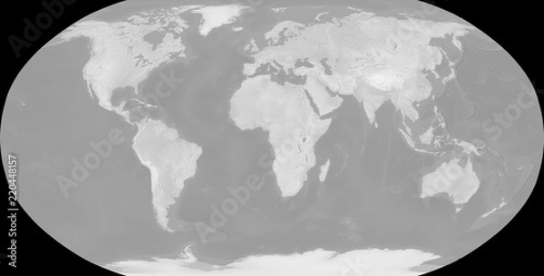 Fototapeta Map of the world in Robinson projection - terrain depicted monochromatically in shades of gray. Gray Earth with Shaded Relief, Hypsography, Ocean Bottom, and Drainages - 3D rendering