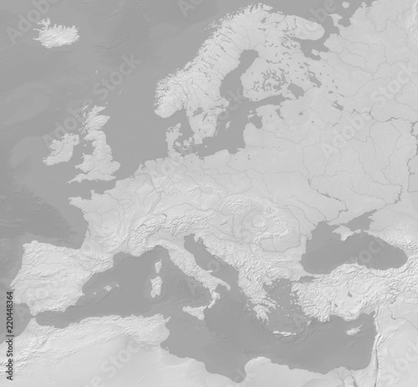 Fototapeta Map of Europe - terrain depicted monochromatically in shades of gray. Gray Earth with Shaded Relief, Hypsography, Ocean Bottom, and Drainages - 3D rendering