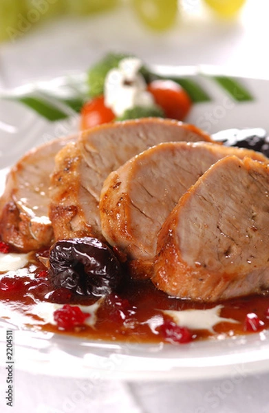 Obraz grilled pork meat with dry plum and redcurrant jam
