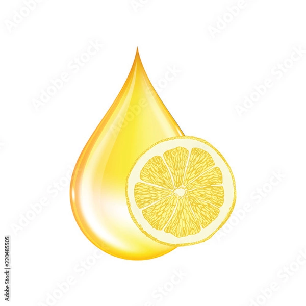 Fototapeta Yellow drops with a slice of lemon on white background. Vector illustration