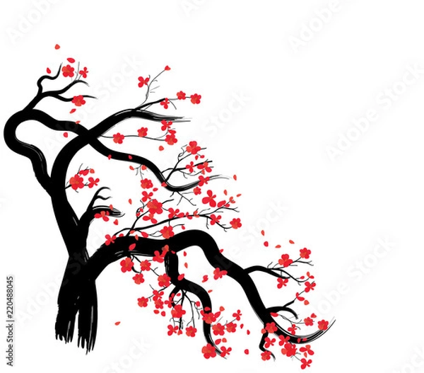 Fototapeta Watercolor sakura frame. Background with blossom cherry tree branches. Hand drawn japanese flowers background