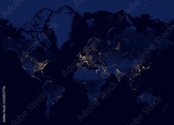 Fototapeta Mapa świata nocą w odwzorowaniu Mercatora (bez Antarktydy) - cieniowany relief, kolory mapy stopniowo przenikają się w różnych regionach oraz od nizin po wyżyny - renderowanie 3D