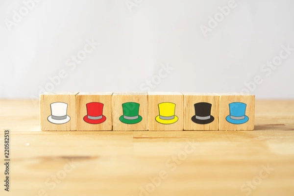 Obraz six thinking hats concept, the success way to under the human wear which hat when talking about, the hats including feeling/emotion, creativity, awareness, control, positive thinking, facts