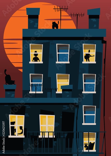 Fototapeta apartment in sunset vector illustration 