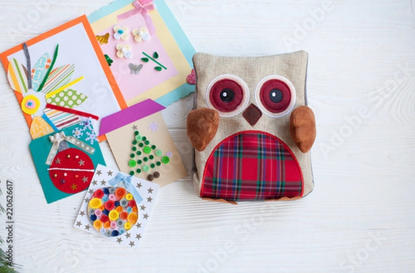 Fototapeta Postcard from paper flowers. Scrapbooking, creative mess. The view from the top.