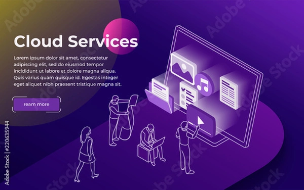 Fototapeta Cloud data storage and remote data access flat 3d isometric business concept. People stand at the open laptop. Professional hosting and data storage. Modern line illustration. Vector image