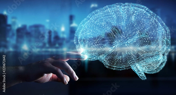 Fototapeta Businessman using digital 3D projection of a human brain 3D rendering