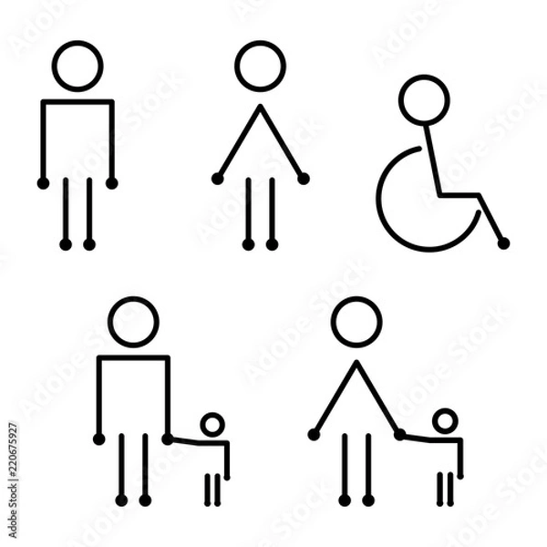 Obraz Wc restroom toilet line icons man woman wheelchair person. Line icons for Wc