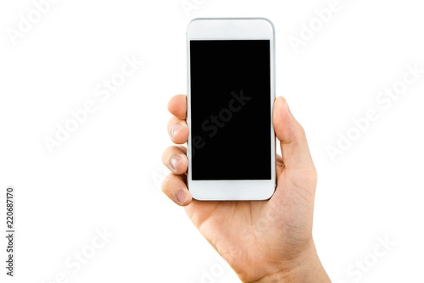 Fototapeta Phone in hand. White telephone with a black, blank display isolated on a white background. Content completion concept. Phone held by hand from the bottom.