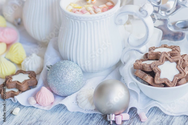 Fototapeta Marshmallow, cookies, meringues and different Christmas decorations