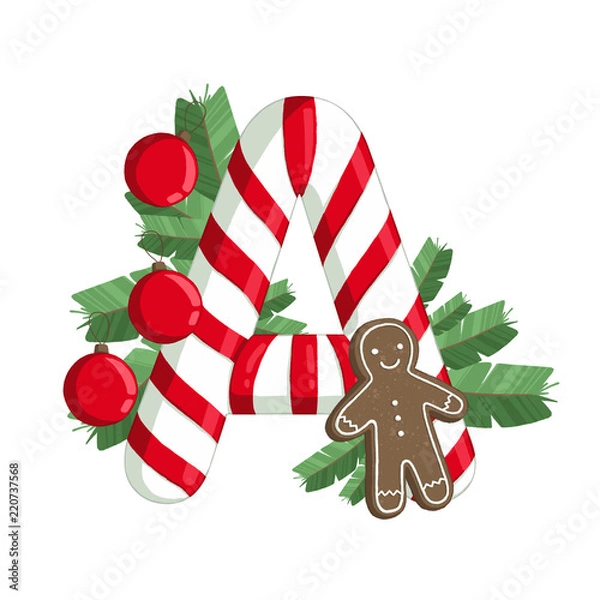 Fototapeta Christmas alphabet. Illustration of letter A with tree, cookie and decorations. use for postcards, wallpapers, textiles, scrapbooking, decoration, invitations, background, holiday.