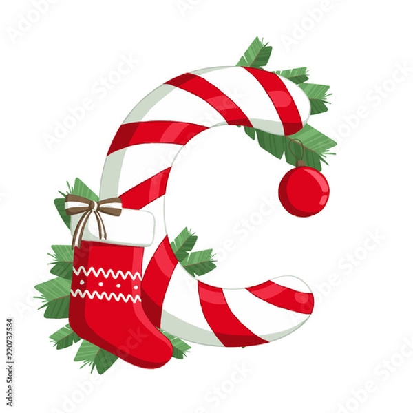 Fototapeta Christmas alphabet. Illustration of letter C with tree, sock and decorations. use for postcards, wallpapers, textiles, scrapbooking, decoration, invitations, background, holiday.